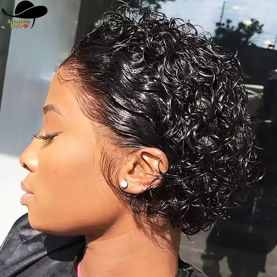 12A ビルマ産ヘア ショート インチ ピクシーカット キンキーカール 100%人毛ウィッグ 13x1 レースフロントウィッグ ナチュラルカラー 透明レースウィッグ