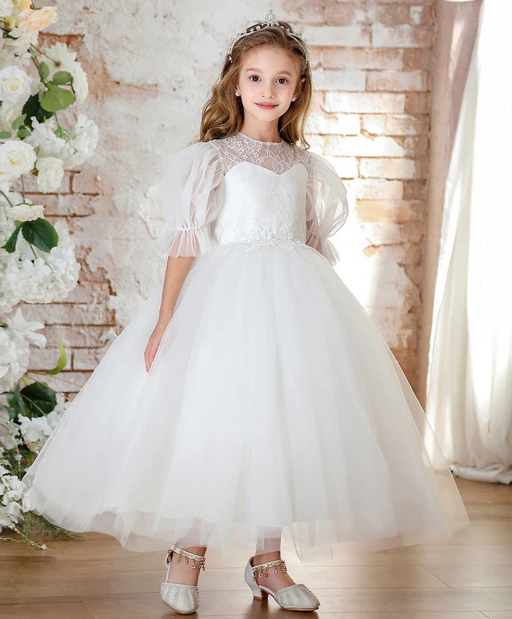 Short Puff Sleeves O Neck Elegant Ivory Flower Girl Dress Big Bow Princess Gown for Kids Wedding Birthday Communion Party Dress