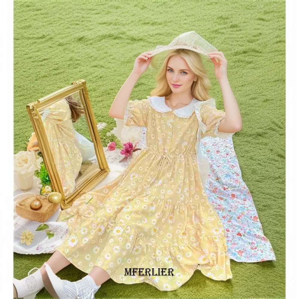 Plus Size 4XL 140KG Short Sleeve Floral Dress Short Sleeve Dresses Peter Pan Collar Summer Sweet Flower Dresses Vestidos