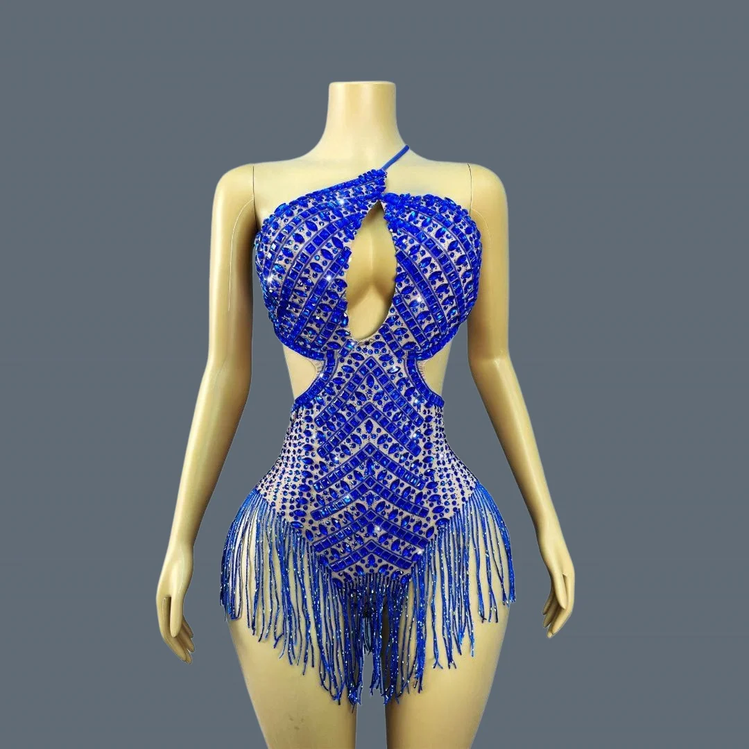 

Sparkly Blue Rhinestone Bodycon Tassel Bodysuit Nightclub Performance Stage Outfit Luxury Celebrate Photo Shoot Clothing Lanjing