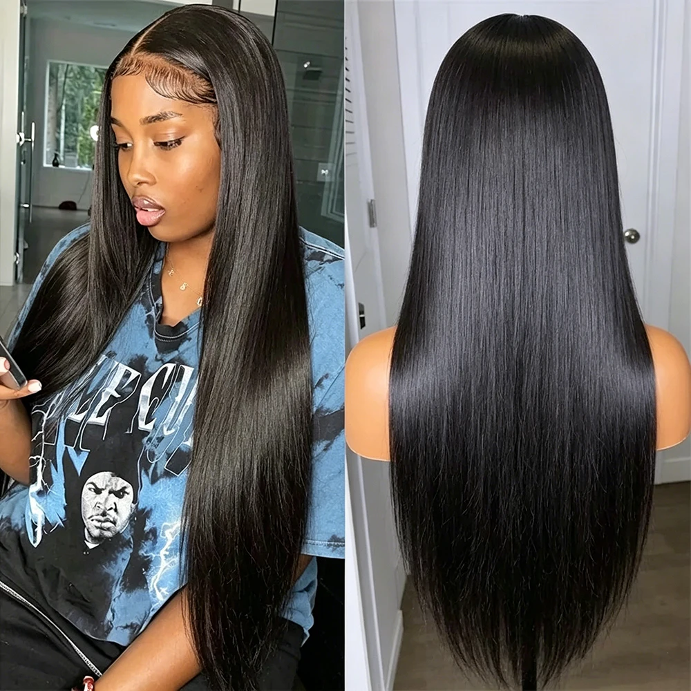 

13x4 Lace Front Wig Bone Straight Long Natural Black High Temperature Fiber Glueless Wigs For Black Women 180 Density Silky Stra
