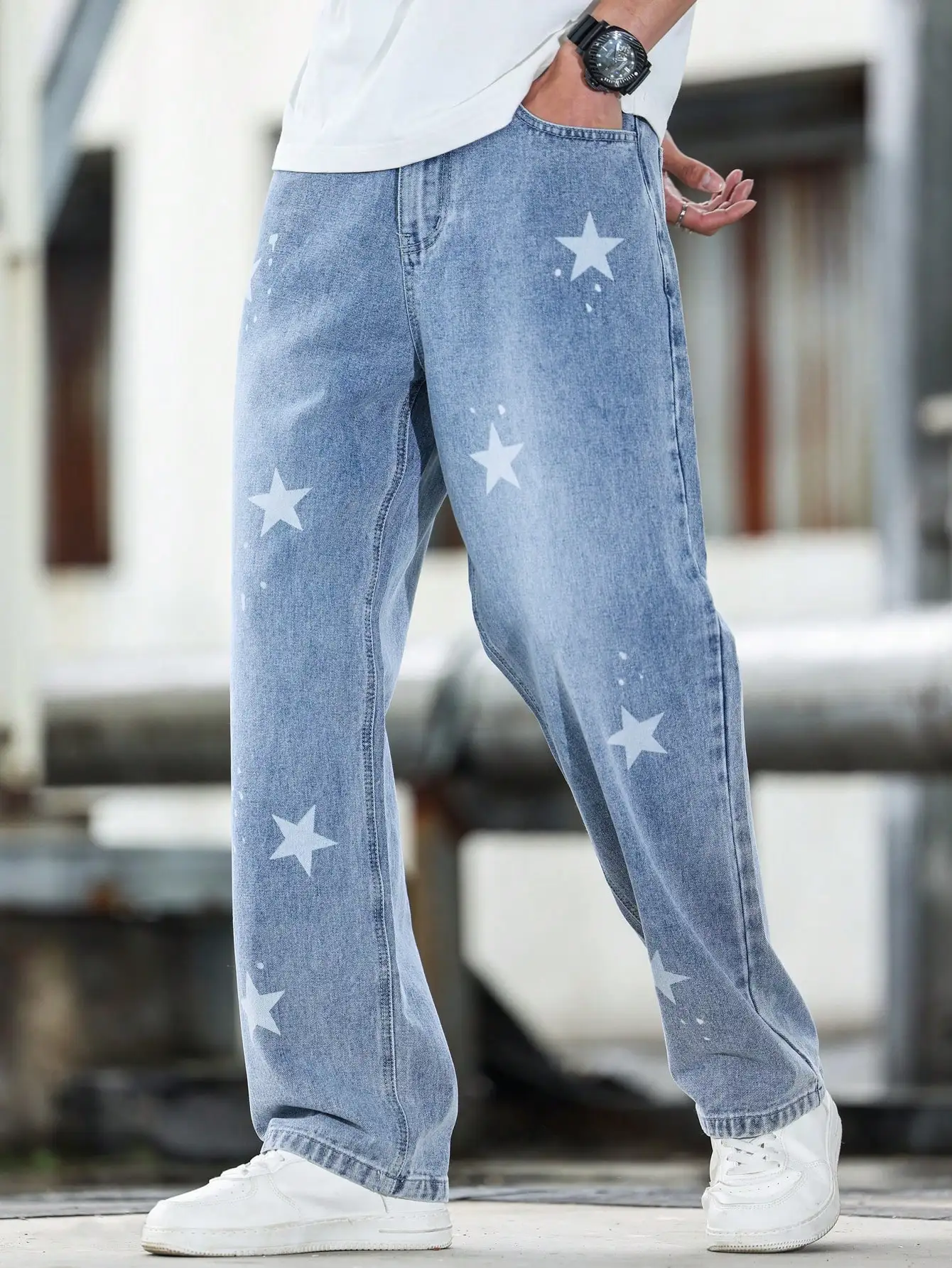 

Men's casual washed blue printed non-stretchy denim wide-leg pants, four-season style