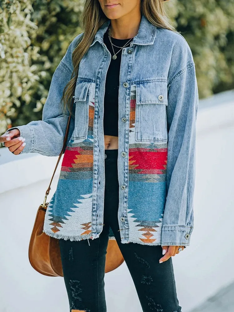 Dashiki African Denim Lapel Jacket Women Autumn Winter Long Fashion Jacket Pockets Blazer Coat Standard Overcoat Streetwear