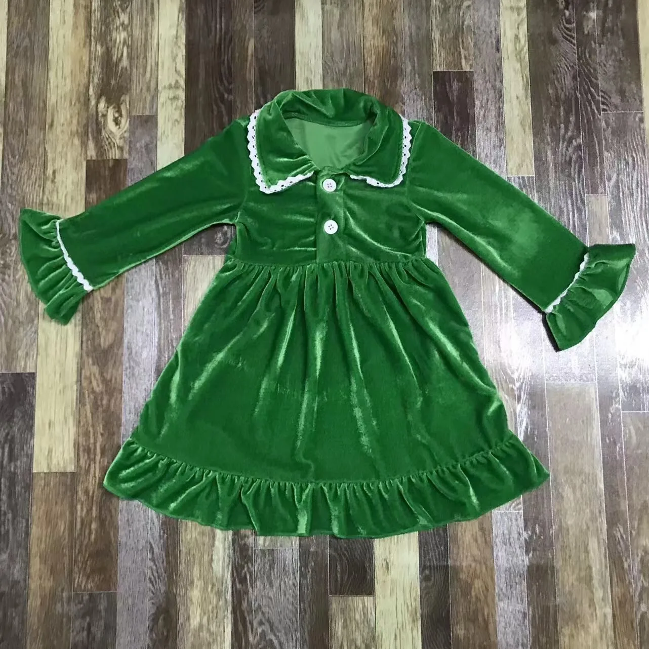 Green autumn long dress for girls baby sleeve cotton warm outdoor school gathering water wear girls clothes