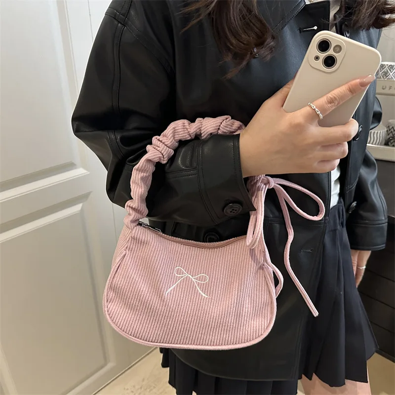 Corduroy Shoulder Bag with Bow, Ruched Drawstring Handbag, Vintage Y2K Purse for Women Daily Dating Travel Underarm Handbag view 6