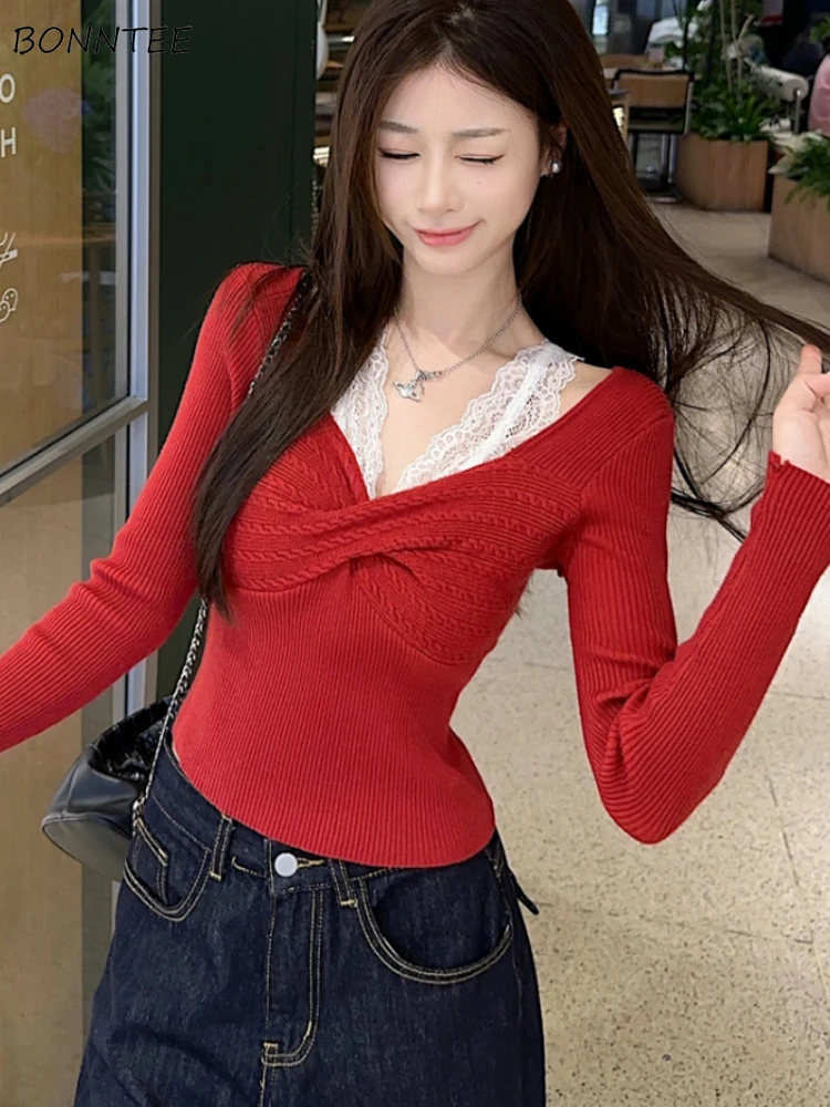 

Lace Patchwork Pullovers Women Elegant Temper Slim Gentle Off Shoulder Knitwear Sweater Korean Fashion Sexy Spicy Niche Daily