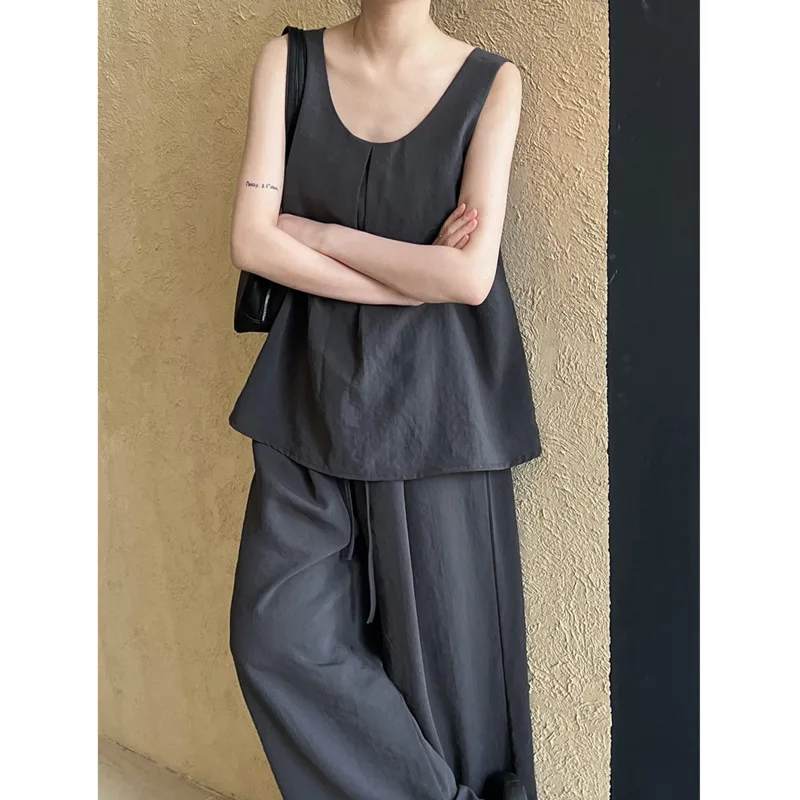 

Summer Sleeveless Loose Tank Top+Drawstring Waist Wide Leg Pants Two Piece Set Women Leisure Suit