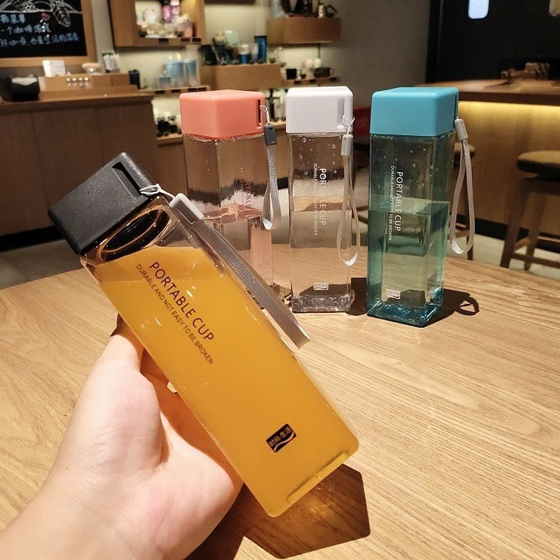 Cute New Square Tea Milk Fruit Water Cup 500ml for Water Bottles drink with Rope Transparent Sport Korean style Heat resistant