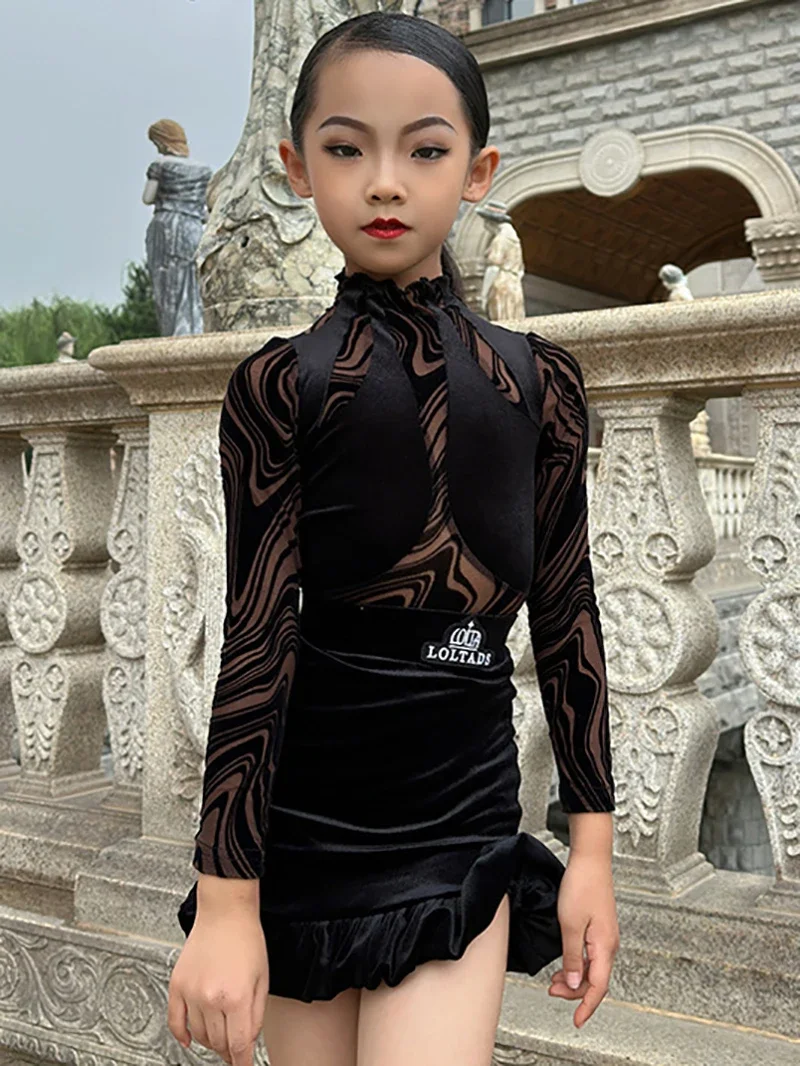 Velvet Lolita Children Professional Latin Dancewear Swing Skirt Kid Girl Flower Print Suit Ballroom Dancing Rumba Chacha Costume