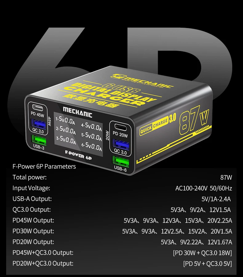 MONTEUR 6-poorts USB-snellaadstation visuele stroomoplader geschikt voor telefoon 9 soorten beschermde flitslaadhulpmiddelen