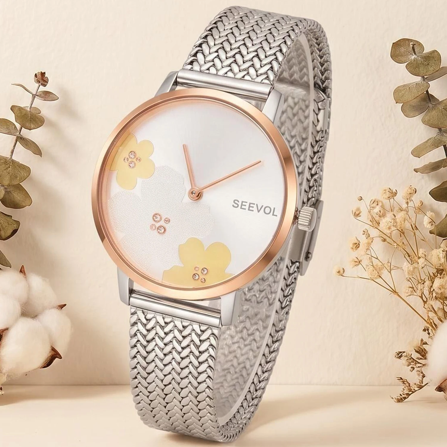 Women Quartz Watch Wheat Weave Mesh Strap Wristwatch with 35mm Flower Dial 6mm Ultra Thin Stainless Steel Case Ladies Gift 3 Bar