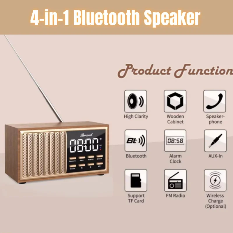 

Desktop 4-in-1 DAB+ FM Digital Radio with Alrm Clock Retro Wooden Bluetooth Speaker Portable Wireless Charging Home Sound Box