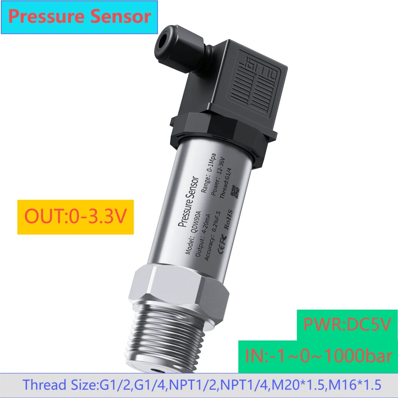 

0-3.3V pressure sensor transmitter dc5v for water oil fuel gas air pressure transducer hydraulic 0-250bar 30bar 40bar 800bar