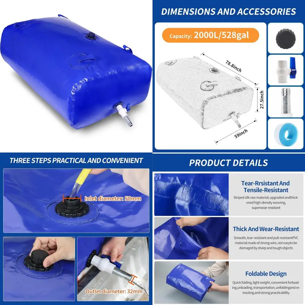 Tanque de água portátil dobrável - Bexiga de armazenamento de água de grande capacidade de 2.000L para uso abandonado e ao ar livre