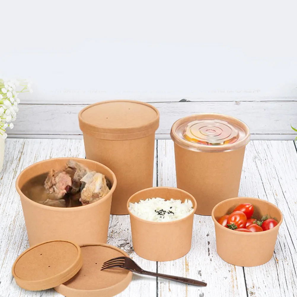 50Pcs Disposable Kraft Paper Soup Cups Thickened Oil-Proof Lids Ideal for Hot Soups Stews Yogurt Takeout Food Containers