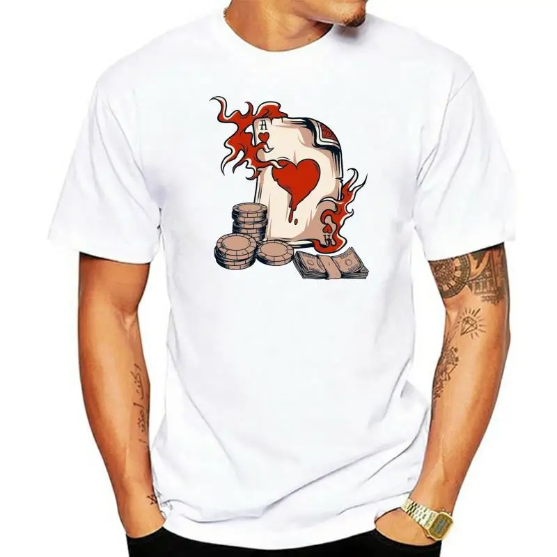 Camiseta de Casino Bet para hombre, camisa de calidad con estampado de cartas de póker llamativas, corazón rojo y blanco, 100% algodón, sin decoloración