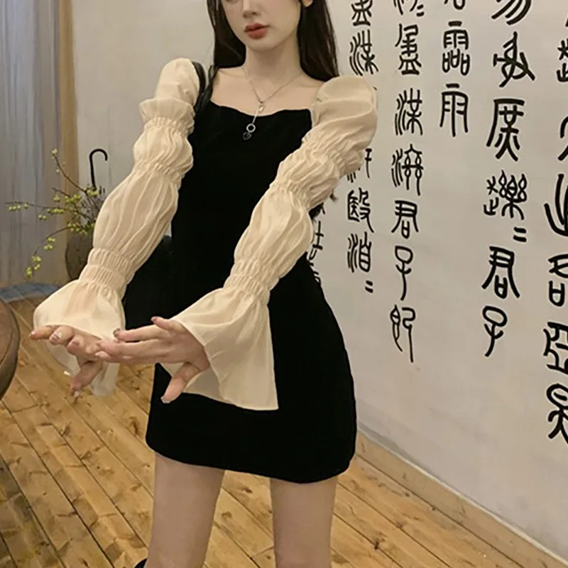 Franse vierkante kraag pofmouwen splitsen nieuwe lente en herfst slanke jurk met lange mouwen