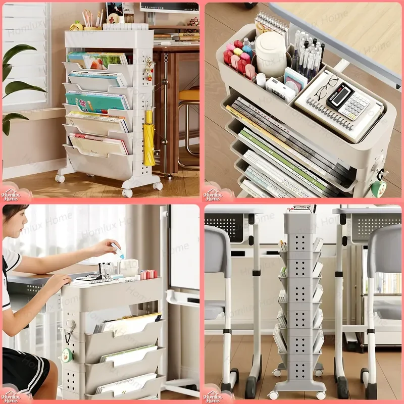 Book Rack for Students Adjustable Table Edge Trolley with Wheels Multi Layer Textbook Storage Organizer Large Capacity Study