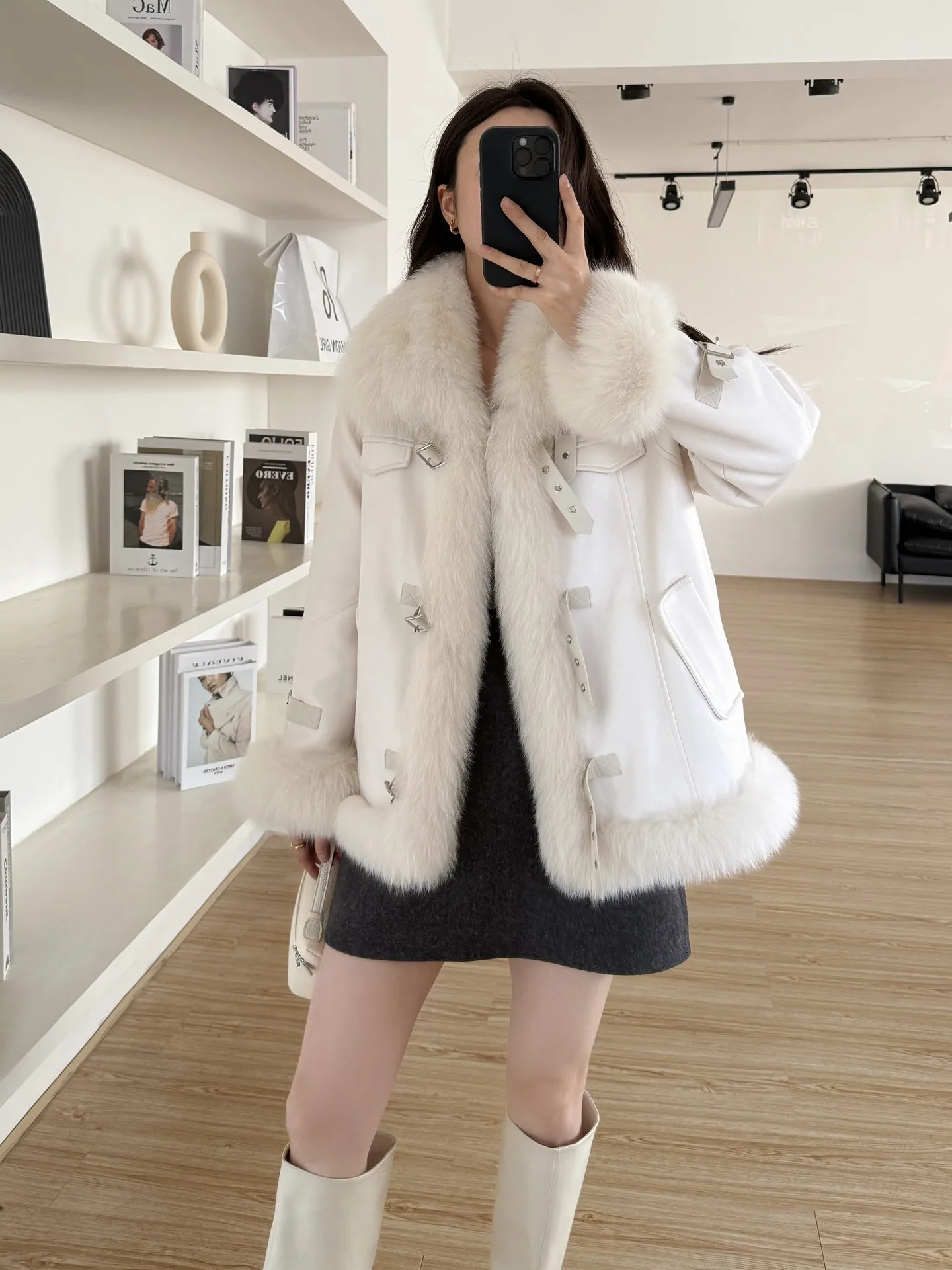 Peter street 2025 inverno nova locomotiva camurça casaco de pele de raposa feminino branco ganso para baixo jaqueta explosão