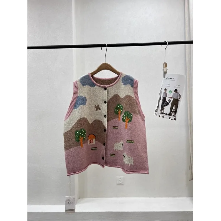 

Loose Knitted round Ne Vest 2024 Autumn Faion Artistic Sle Printed Casual Versatile Cartoon Design Women's Jaet