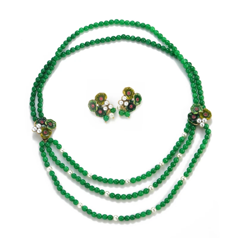 Vintage Lotus Leaf 3-Layer Green Glass Jewelry Sets Necklace Earrings Luxury Gold Color Classic Elegant High Quality Trends 2026