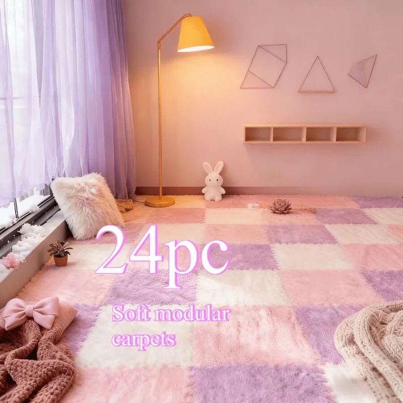 24pc Inspired Interlocking Carpet Pads, Easy To Clean, Square Pattern, Non-Slip EVA Backing, Protective Floor Tiles