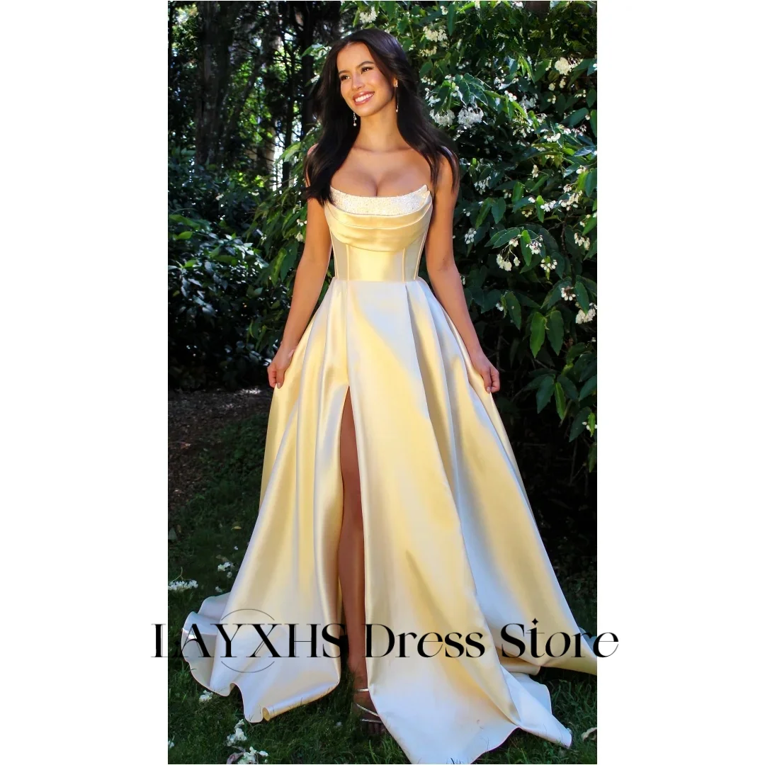 

Блестящие вечерние платья без бретелек по индивидуальному заказу, атласное платье без рукавов с разрезом по бокам, платье для выпускного вечера в Саудовской Аравии длиной до пола