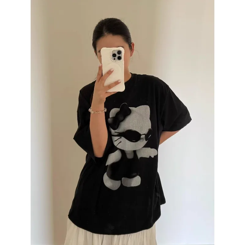 

Korean Ins Niche Sweet and Cool Kitty Cartoon Printed Casual Versatile Loose Cotton Comfortable Short Sleeved T-shirt Top