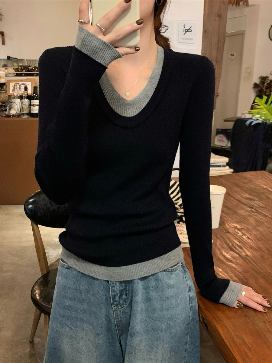 

Ele V-Ne трикотажная облегающая основа irt, женский дизайн, верх для внутренней одежды, осень-зима, прямая трубка, длинный цвет све