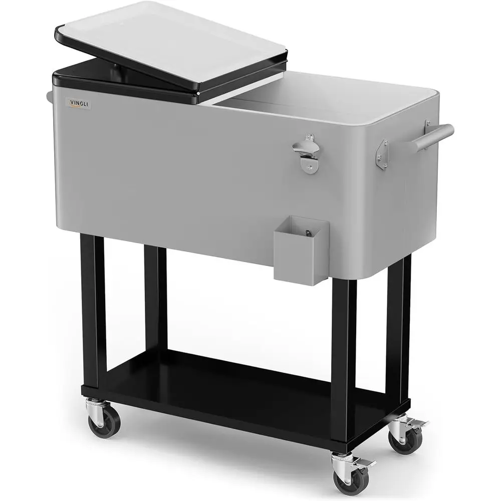 

Portable 80-Quart Wheeled Cooler Cart with Beverage Pool, Bottle Opener, and Water Pipe