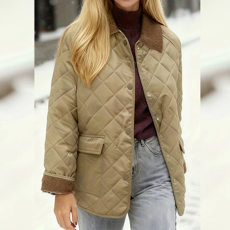 Women's Elegant Lapel Jacket, Color-Blocking, Pocket Details, Outerwear, Fashionable Casual Style