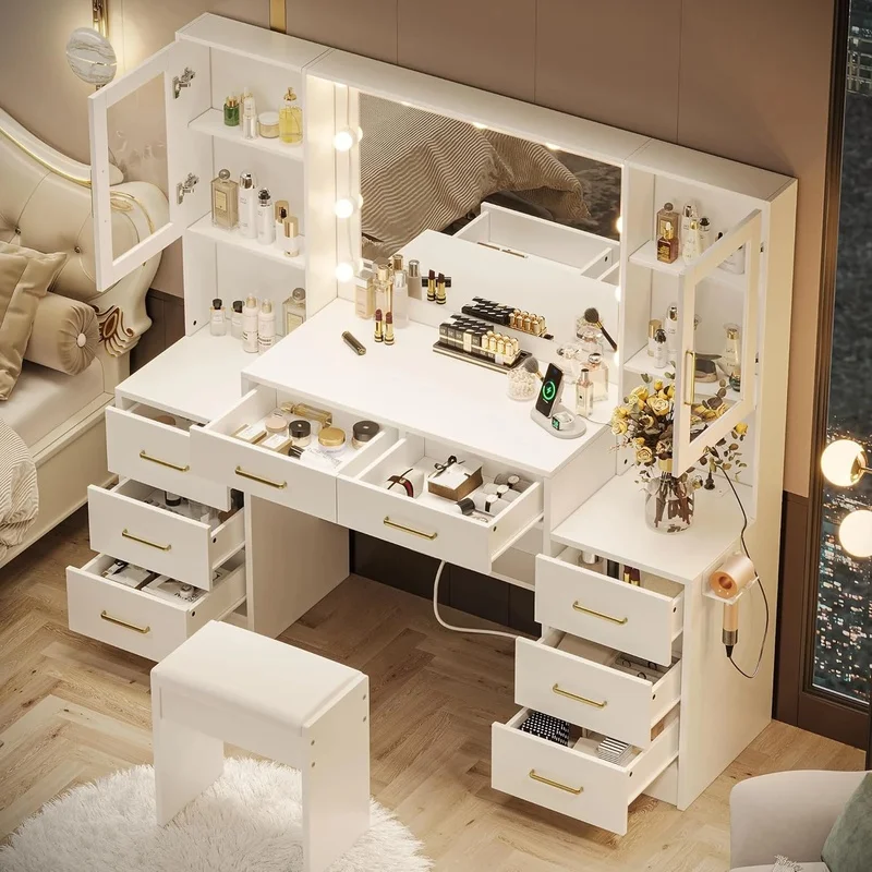 

Large Vanity Desk with Mirror & Lights, Makeup Vanity with 10 LED Lights, 8 Sliding Drawers & 2 Cabinets, White Vanity