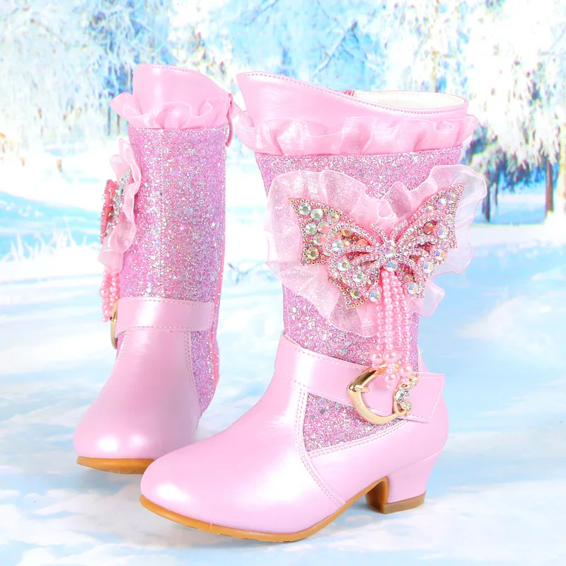 New Girl's Heel Boots Rhinestone Butterfly Princess Blue Boats Children High-heeled Boots Velvet Canister Boots Keep Warm