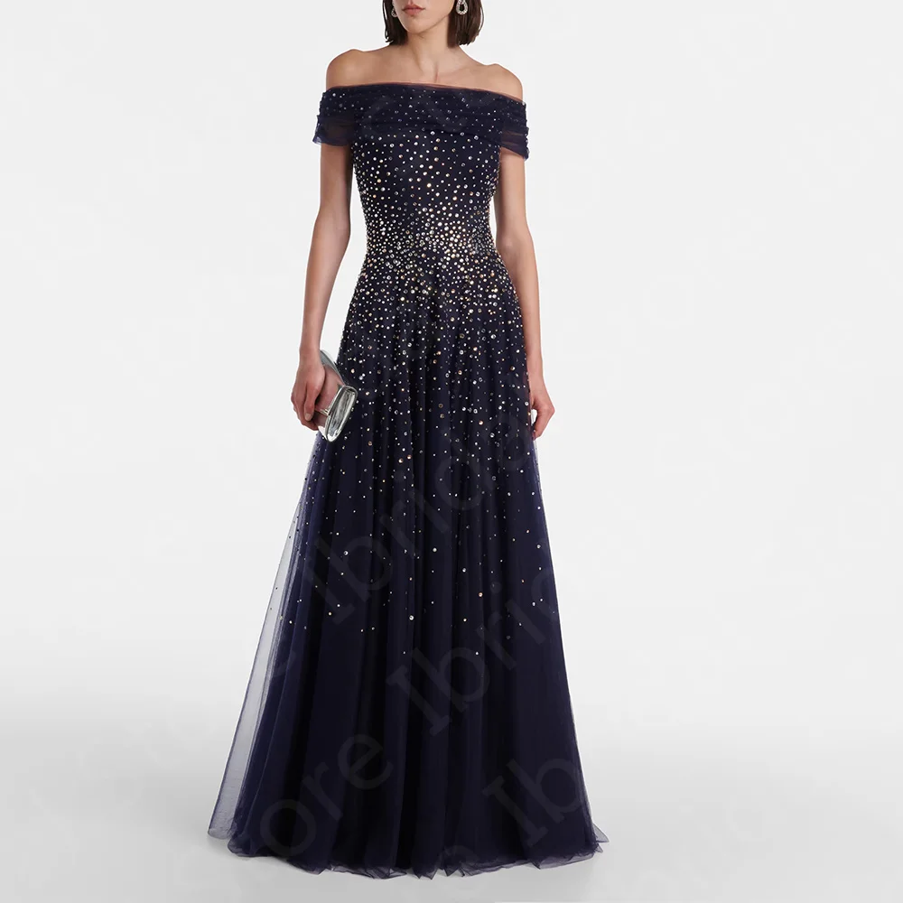 

Sparkling 2026 Mother Dresses Dark Navy Mother of the Bride Gown Tulle Off Shoulder Wedding Party Dress Short Sleeves Customized