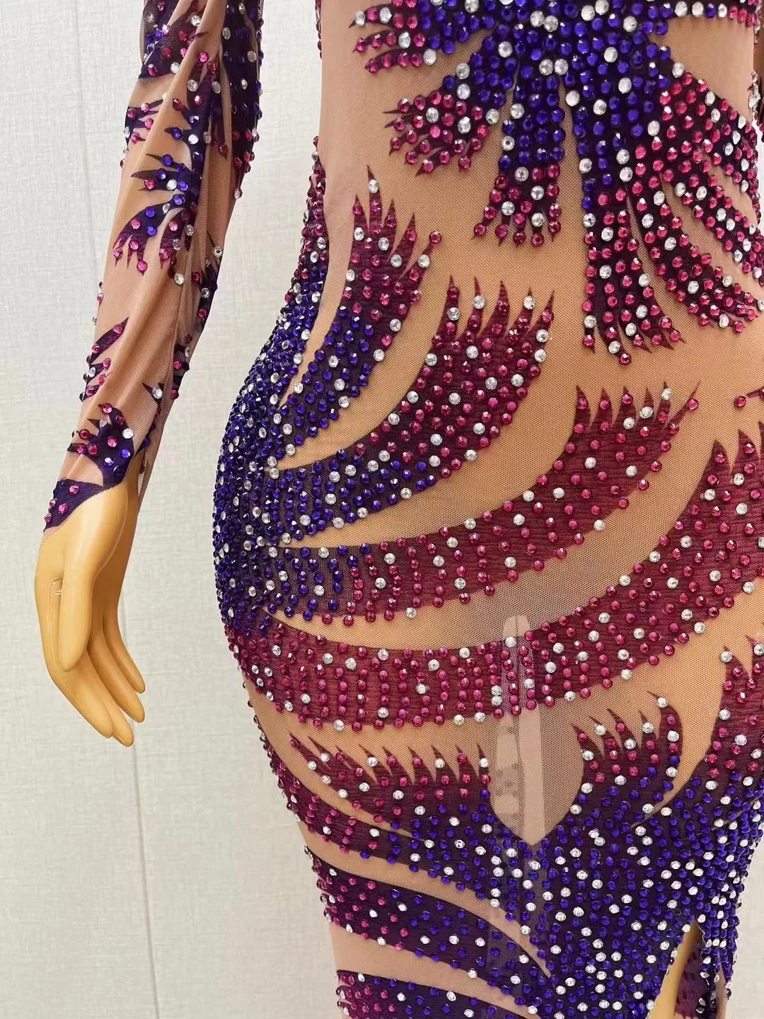 Sexy Sparkly Purple Rhinestones Transparent Cuffs Dress Evening Nightclub Birthday Celebrate Costume See Through Host Gowns