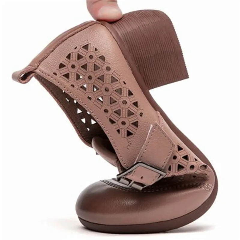 ZXRYXGS Popular New 2024 Spring Summer Hollow Genuine Leather Shoes Women\'s Roman Sandal Round Toe Versatile Thick Mid Heel Shoe