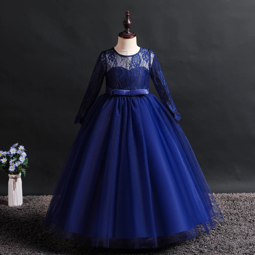 Dress Girl 8 Colors 120cm-170cm Long Sleeve Wedding Party Children Ball Gown Lace Performance Vestidos Kids Skirt