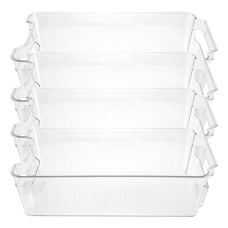 

4 Pack Fridge Organiser Set Storage Box Tray, Clear Plastic Stackable Bins, Freezer Space Saver, Refrigerator Container