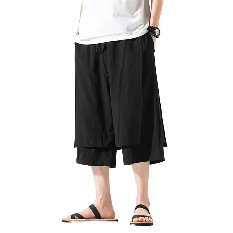 

New Design Men Chinese style Cotton Linen Loose Wide Leg Pants 2024 Summer Fashion Patchwork Calf-Length Pants Plus Size M-8XL