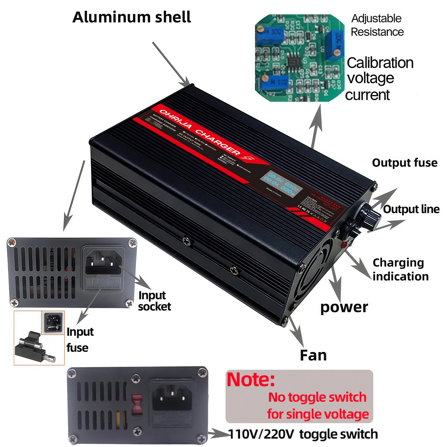 أوهريجا-شاحن علبة ألومنيوم ذكي مناسب للشاحن السريع مع شاشة LCD ، بطارية أيون الليثيوم ، شاشة OLED ، 13S ، 48 V ، 3A ، V ،