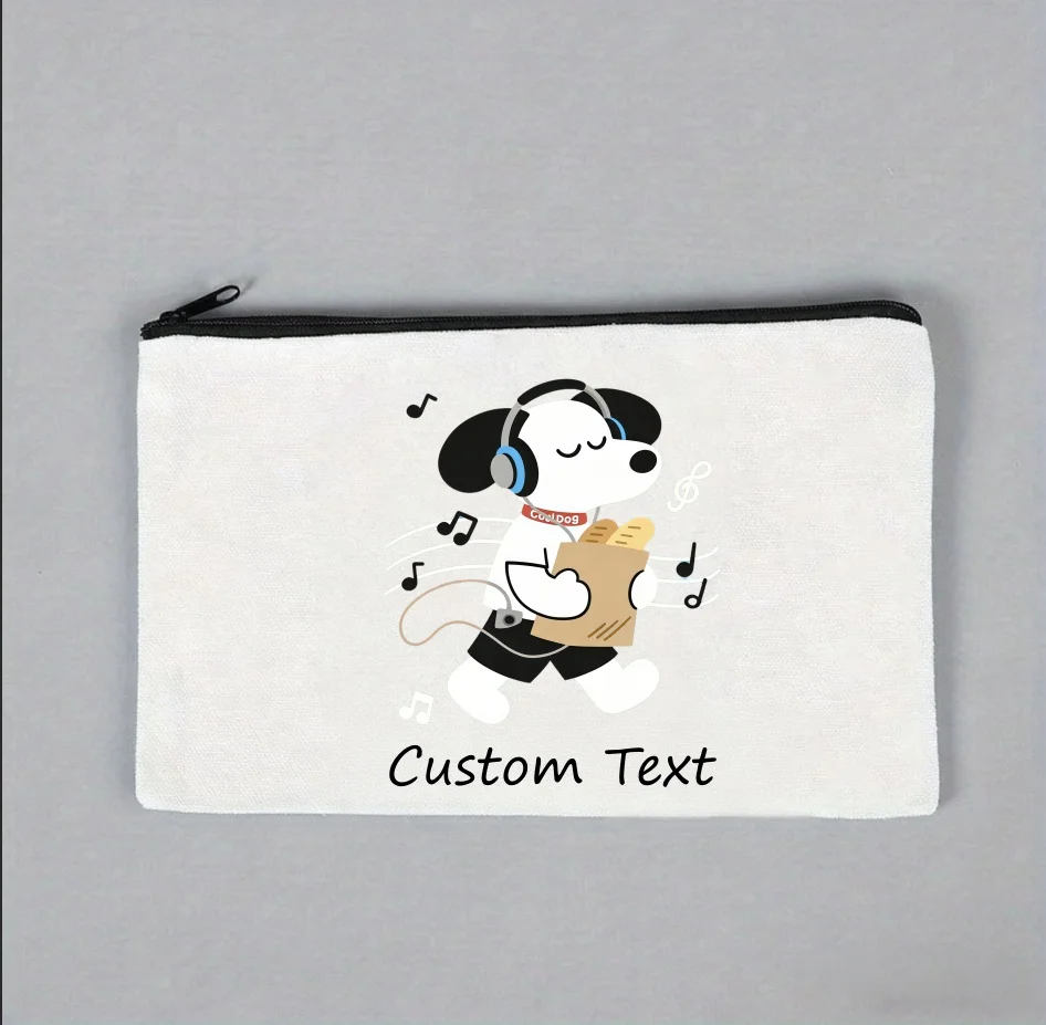 1PC Custom Text Cute Music Dog With Headphones Cosmetic Bag Personalized Canvas Zipper Makeup Pouch