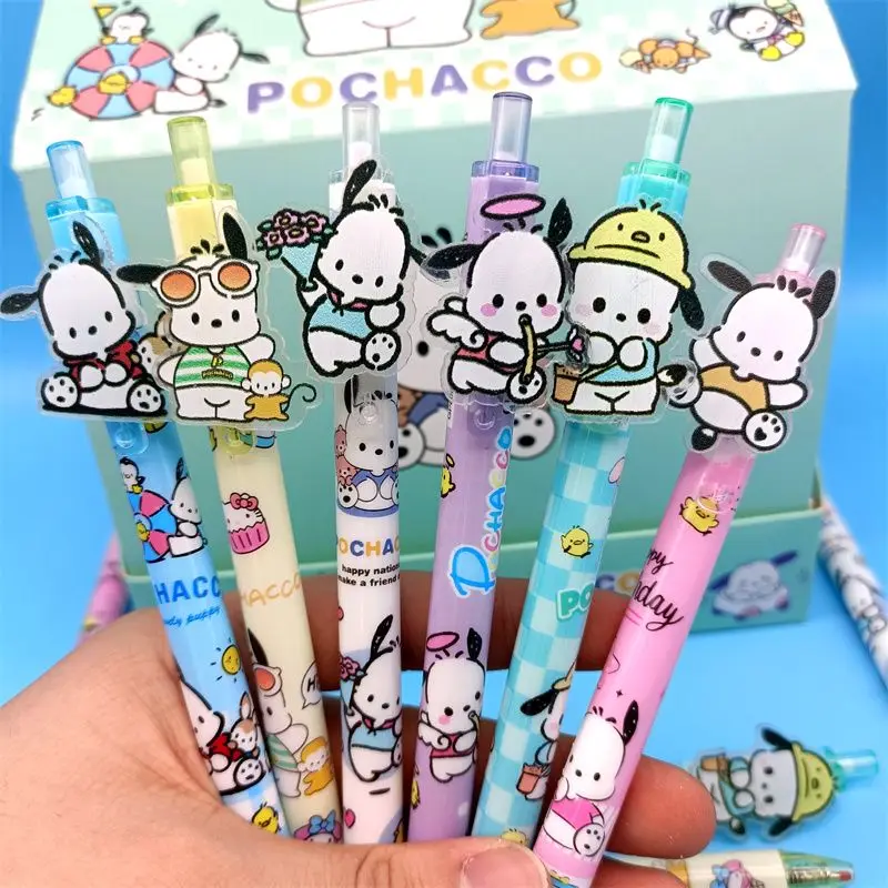 Sanrio 48pcs Gel Pens Cartoon Pochacco Acrylic Patch Press Pen Black Ink 0.5mm Student School Supplies Cute Children's Prizes