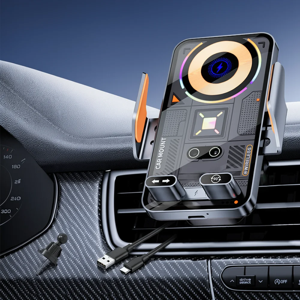 Intelligent Car Phone Mount 15W Wireless Charger Electric Rotating Clamp Auto Sensing Air Vent Holder Stable Navigation