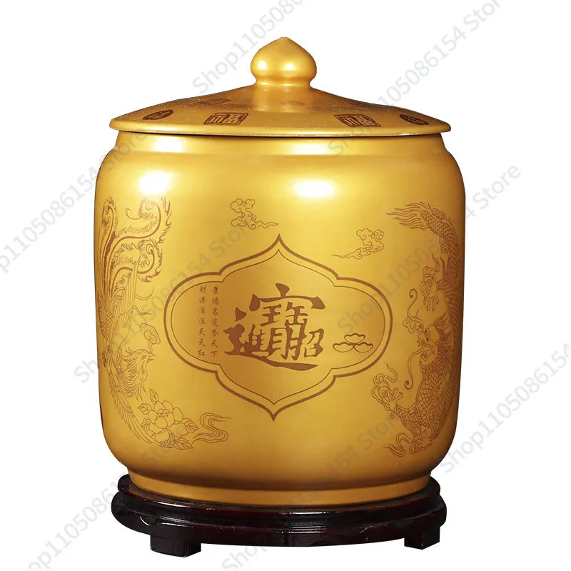 

Golden ceramic rice tank, household with lid, moisture-proof and insect-proof living room decorative feng shui tank