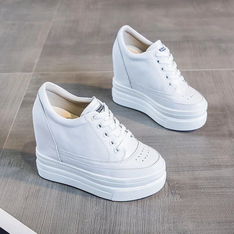 Women Autumn Leather 11cm Hidden Wedge Sneakers Platform Shoes High Heels Sneakers Female Casual Footwear White Woman Trainers