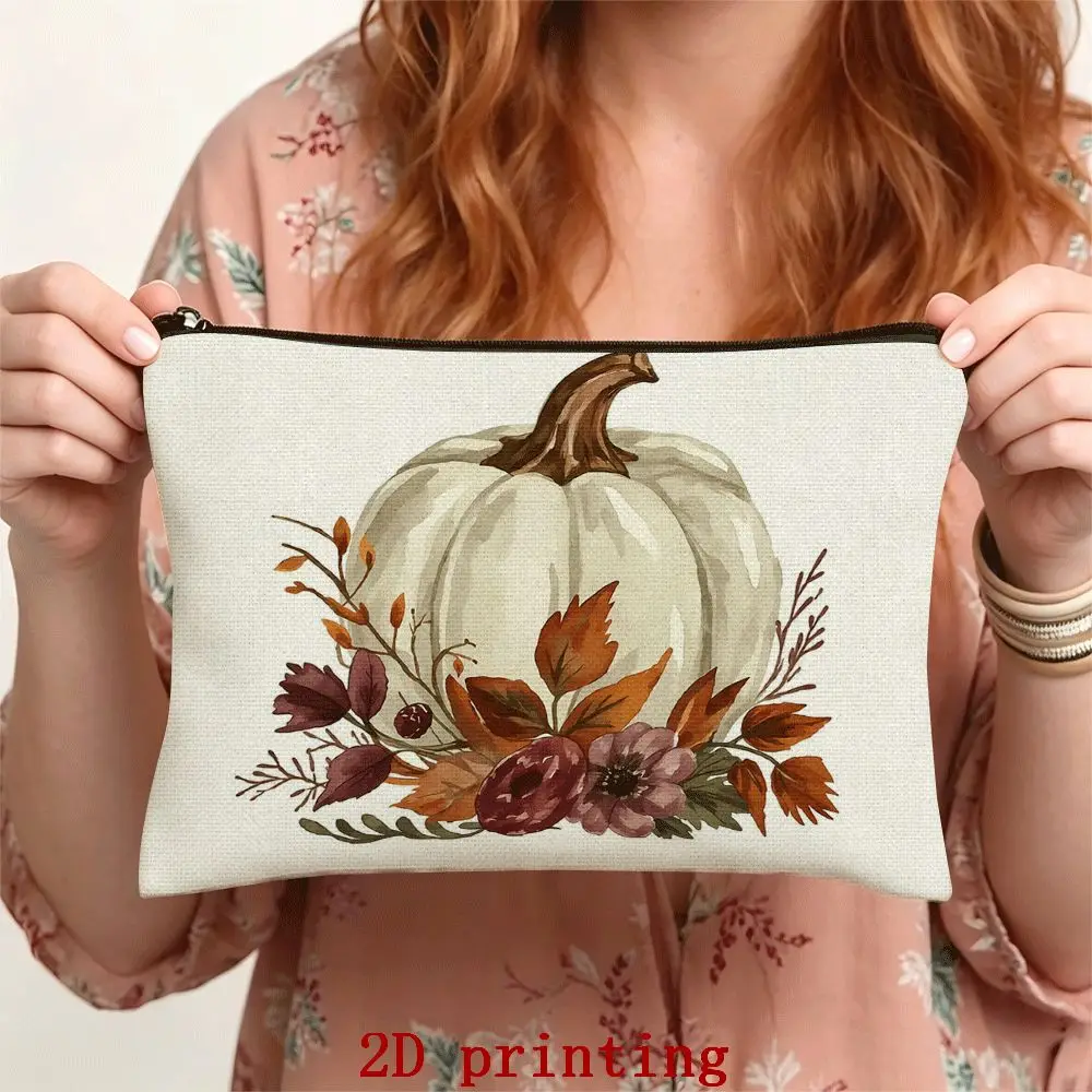 Portable Makeup Bag Autumn Pumpkin Pattern Design Zipper Closure Student Stationery Pouch Cosmetic Storage Wallet Storage Bags