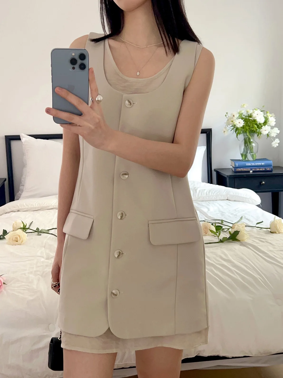 

Women's Sleeveless Vest Dress Slim Fit U-Neck Single Button Short Skirt Anti-Light Inner Wear Set Fashionable Versatile Cotton