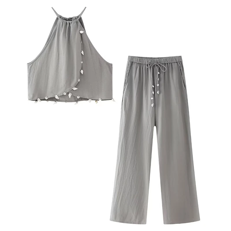 ZHUISHU 2024 Summer Women Fashion Suits Grey Solid Halter Neck Camis Top + Drawstring Female Straight Wide Leg Long Pant