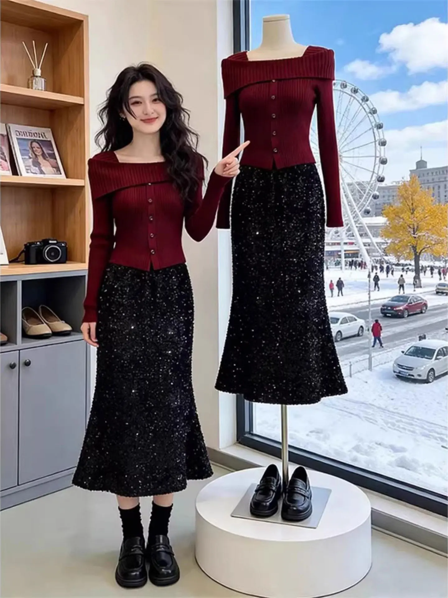 

High-End Heavy-Work Sequin Fi-Tail f-Skirt Women's Autumn Winter plus Size Bla A-Line Bodycon Skirt Ele Commute Sle