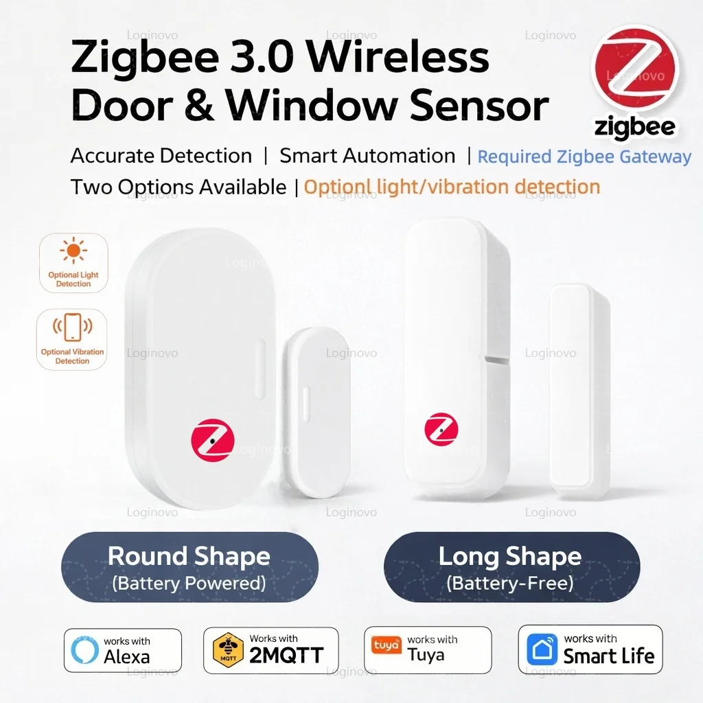 Zigbee Door Window Sensor Optional with Light/Vibration Detection Open Close Contact Detector for Alexa Google Home Z2M TUYA App